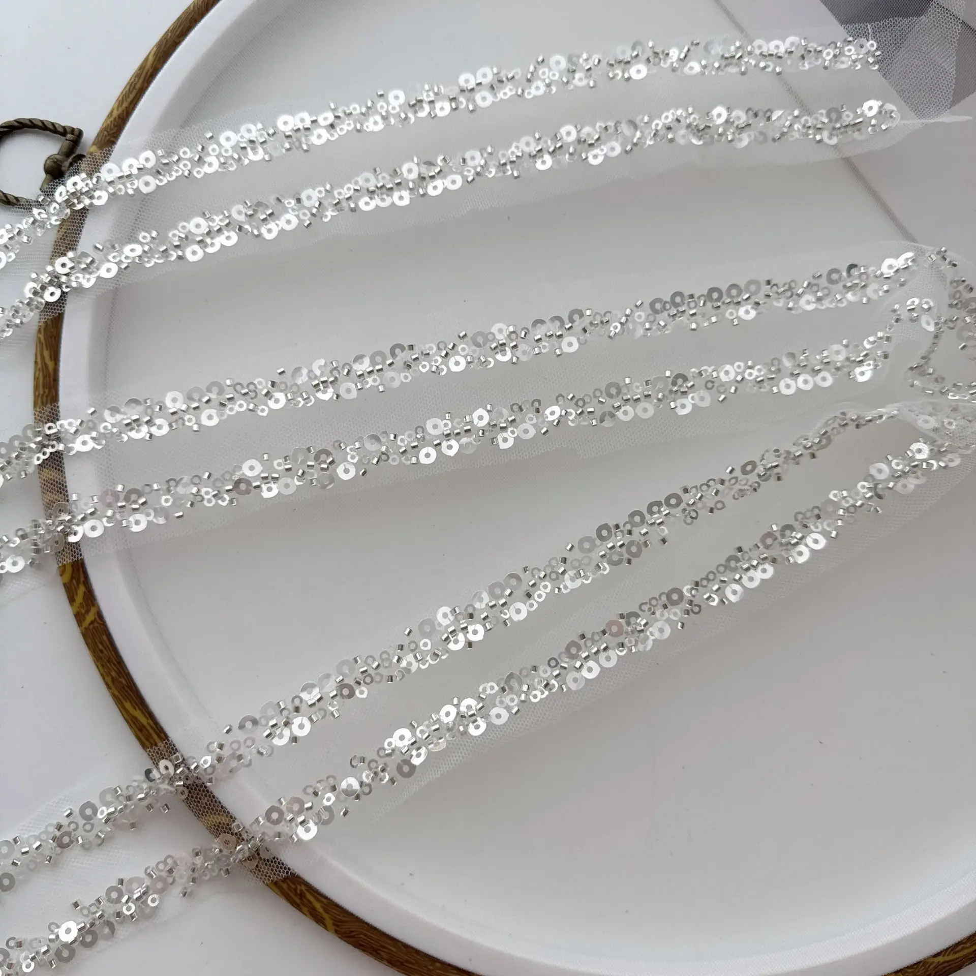 2yard Silver Flash Beaded Embroidery Long Lace Trim,Mesh Sequin Ribbon,Sewing Edge Material for Stage Costume lace trimming