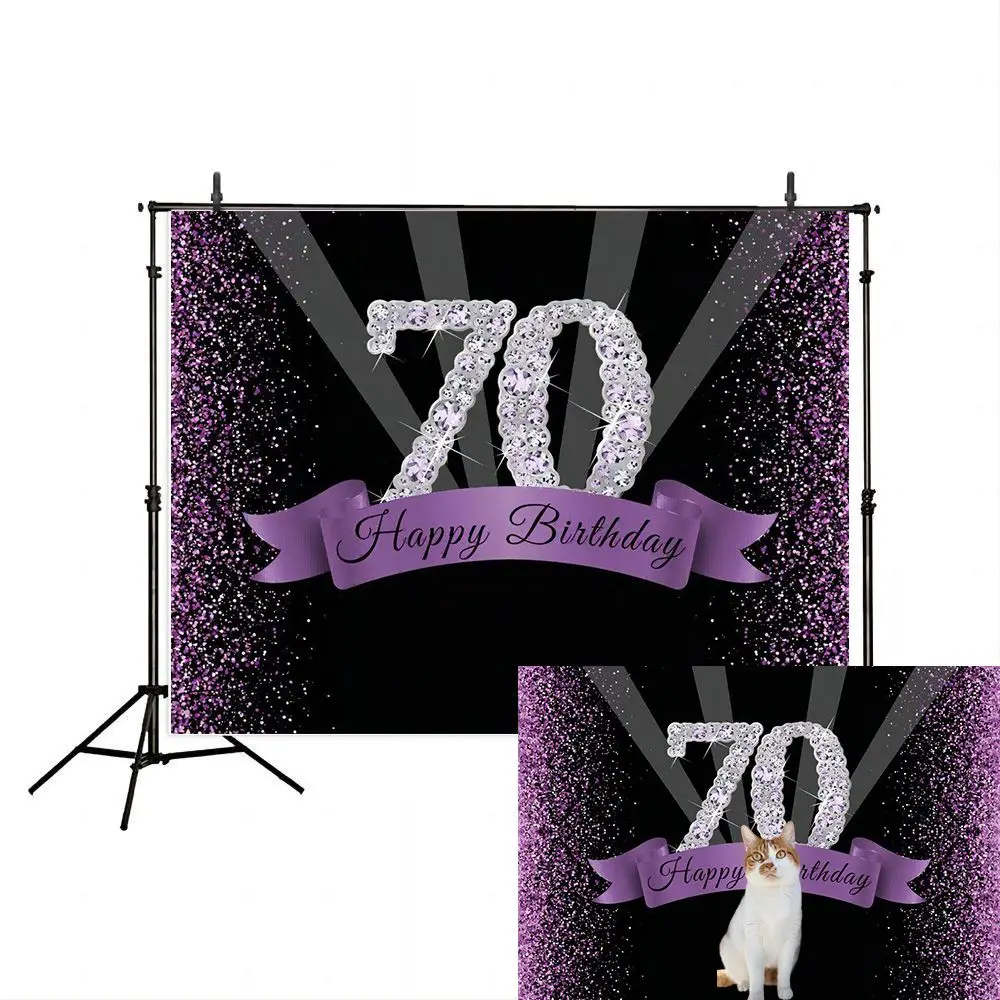 Happy 70th Birthday Backdrop Glitter Purple Black Background Woman Decorations Shining Diamond Party Banner Photo Studio Props