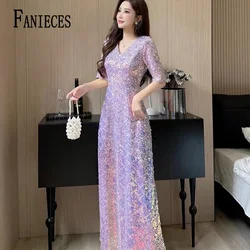 FANIECES Elegant Sequin Floor-length Women Party Dresses Half Sleeve Sexy V Neck Sparkle Evening Long Dress فساتين طويلة  Robe