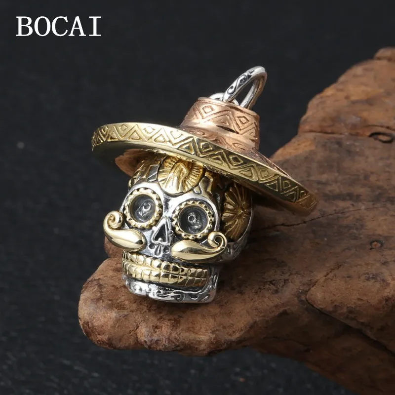 

BOCAI New S925 Sterling Silver Personality Fashion Creativity Straw Hat Skull Retro Pendant For Men And Women.