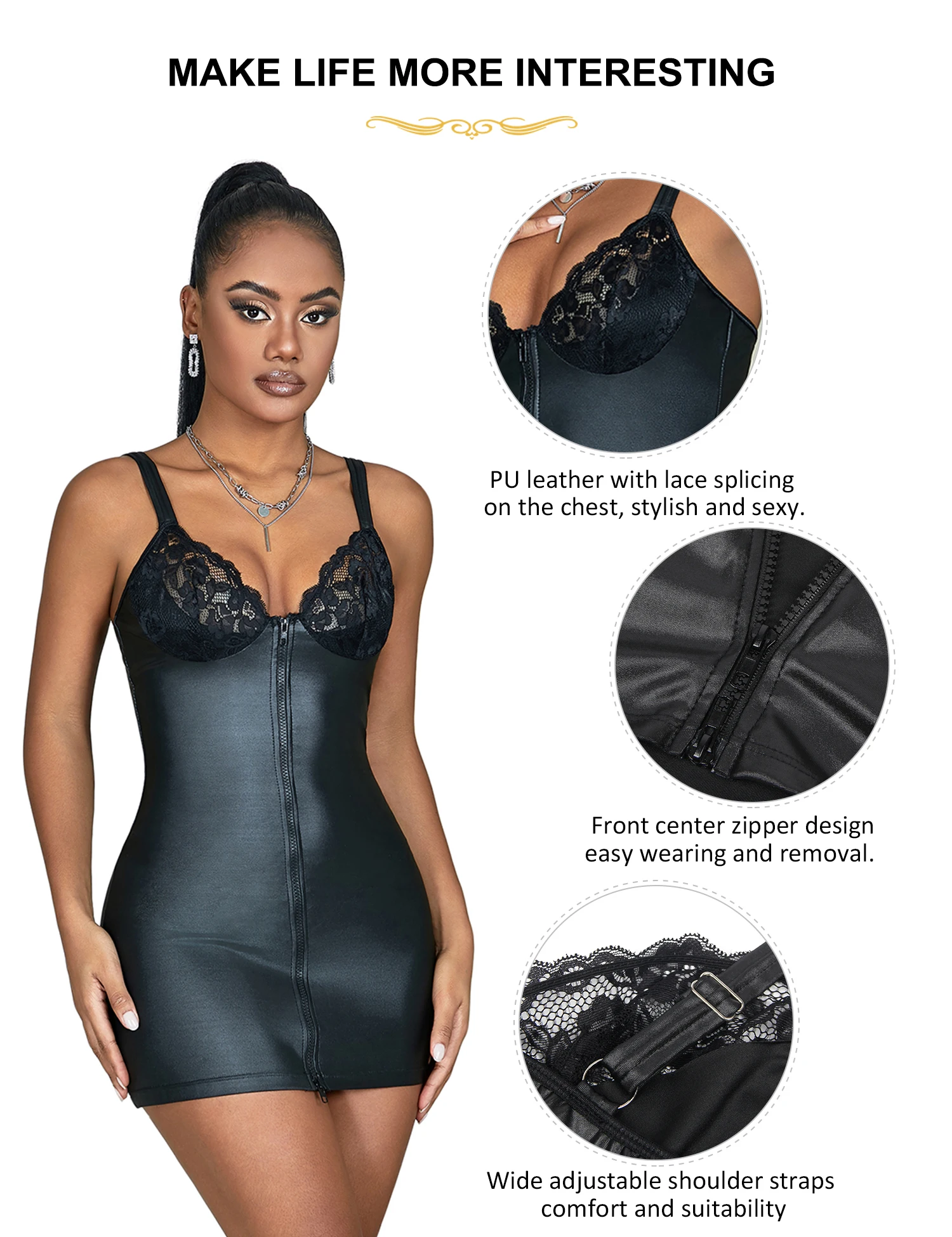 Comeondear Plus Size Leather Lingerie Lace Women\'s Pajamas Set Black Nightgown Curve Wrap Hip Nightdress Sleepwear With Zipper