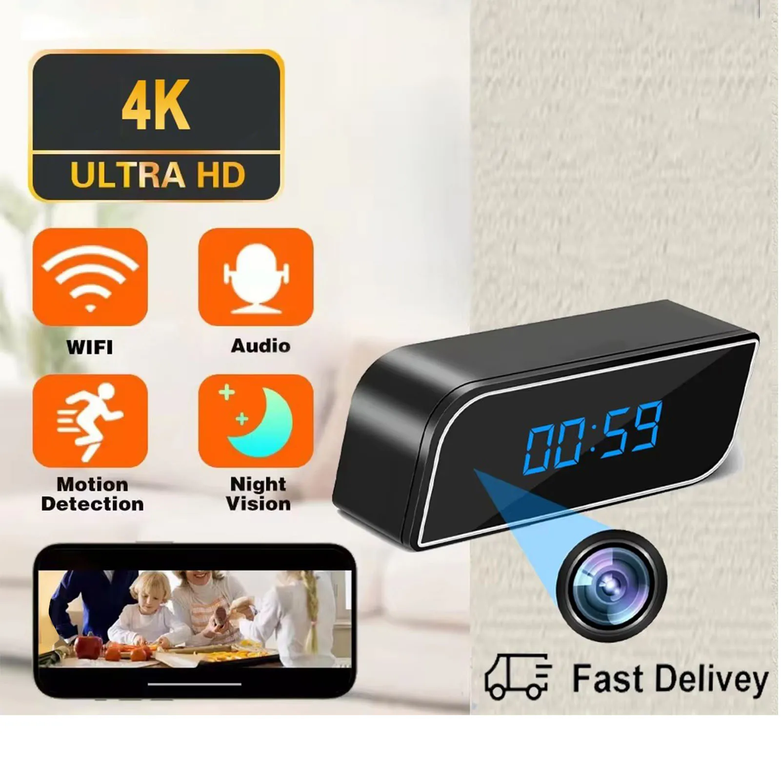 wifiカメラデジタル時計-fhd-wifiカメラ時計-屋内ワイヤレスセキュリティカメラ-led時間表示機能付き-動体検知機能付き
