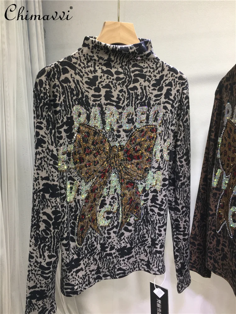 

Европейская тяжелая базовая рубашка со стразами, женская модная футболка с высоким воротником и леопардовым принтом, модная утолщенная теплая футболка с длинным рукавом
