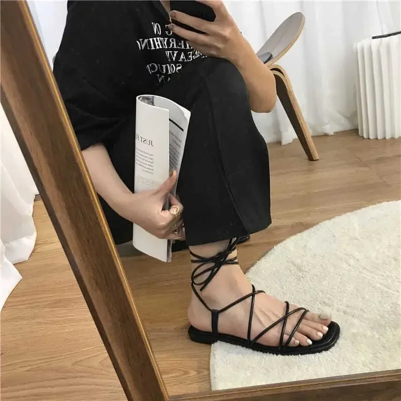 Summer Shoes  2023 Women Sandals Narrow Band Vintage Square Toe Flat Cross Strap Thong Sandals Shoes Women sandalias de mujer