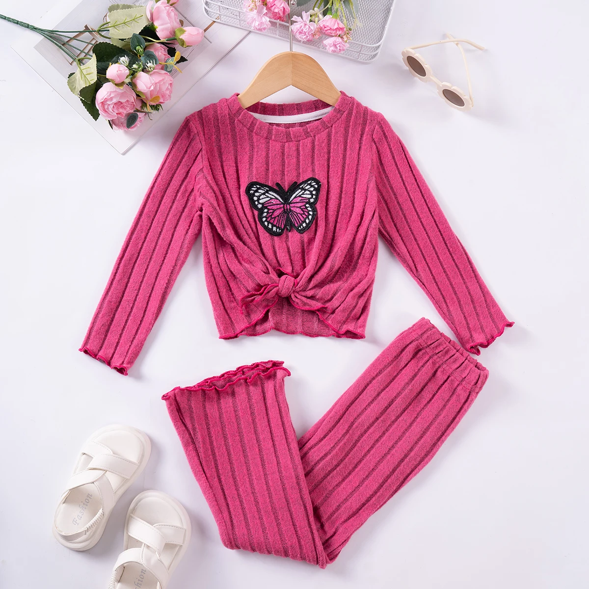 New Autumn/Winter Girl Set Butterfly Patch Decoration Solid Color Long sleeved Top and Pants 2PCS Daily Casual Girl Set