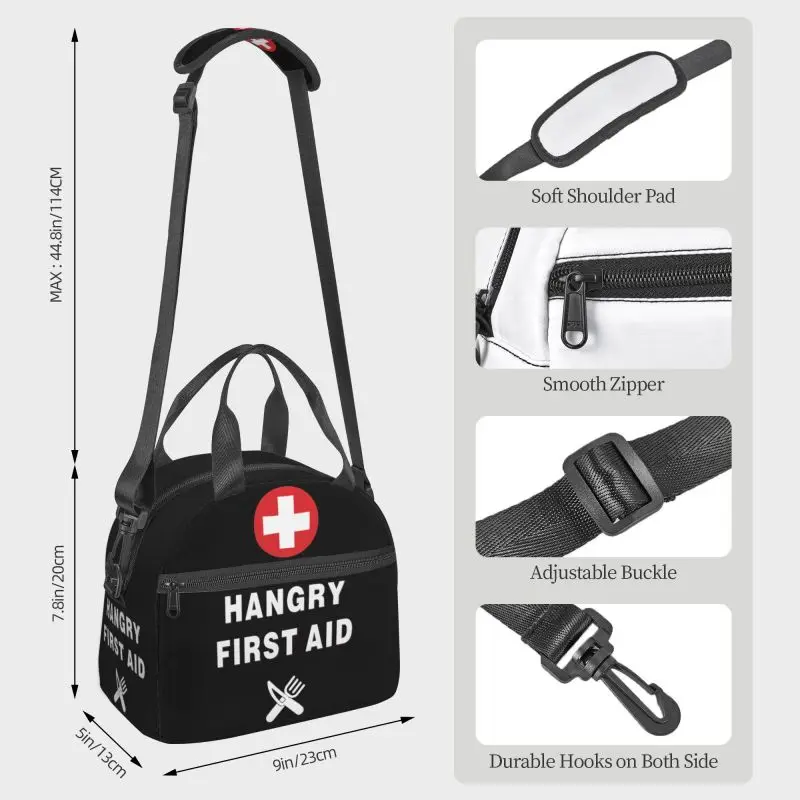 Funny Hangry First Aid Insulated Lunch Bag Portable Reusable Waterproof Thermal Bento Tote Bag with Adjustable Shoulder Strap