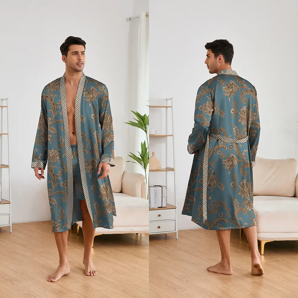 Primavera verão masculino pijama 2 pçs robe shorts conjunto impressão cetim quimono roupão de banho solto casa roupas loungewear