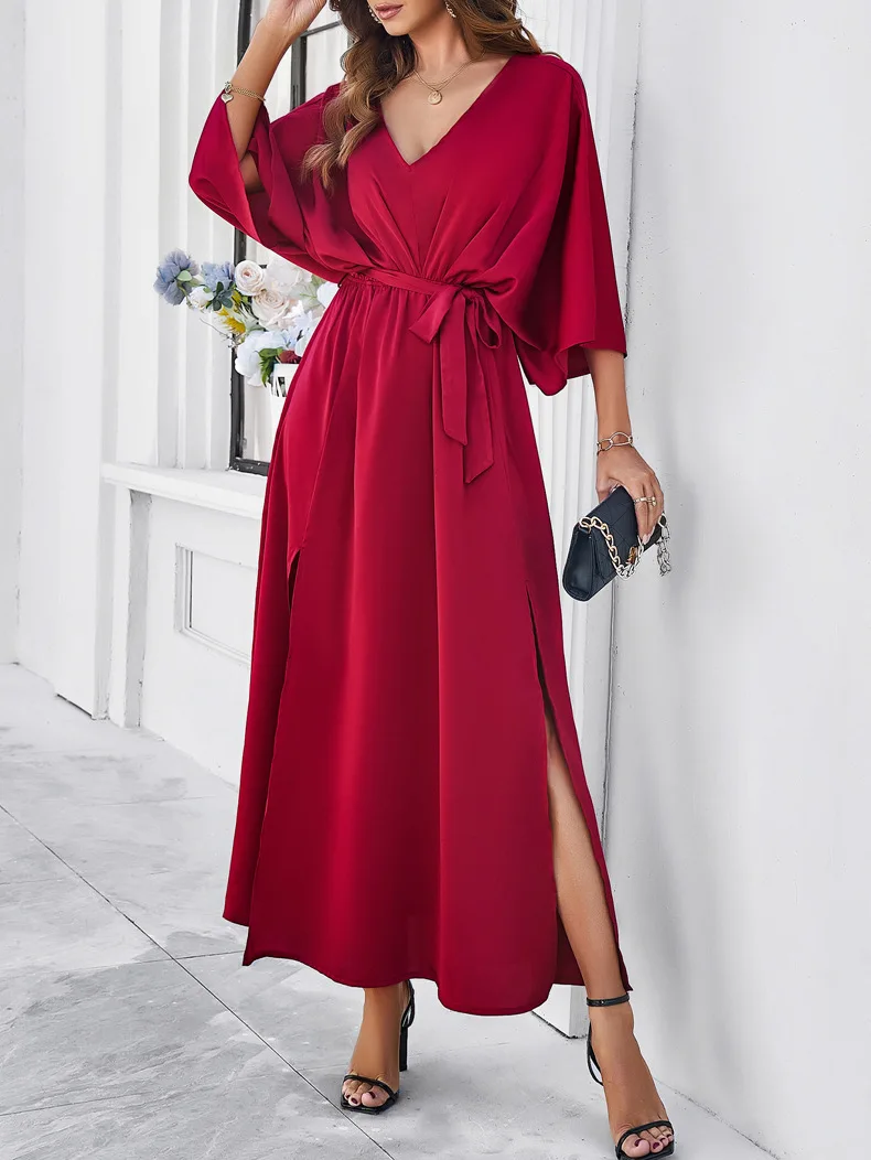 

Elegant Solid Party Dress Fashion V-neck Bat Sleeves High Waist Lace Up A-line Long Dress Spring Summer New Commuting Dresses