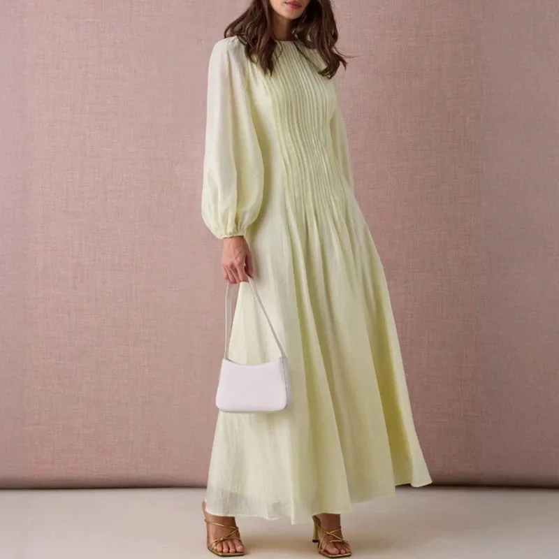 

Spring Summer O Neck Pleated Women's Dress 2026 New Fashion Long Sleeved Swing Party Dress Office Elegant High Waist Maxi Dress