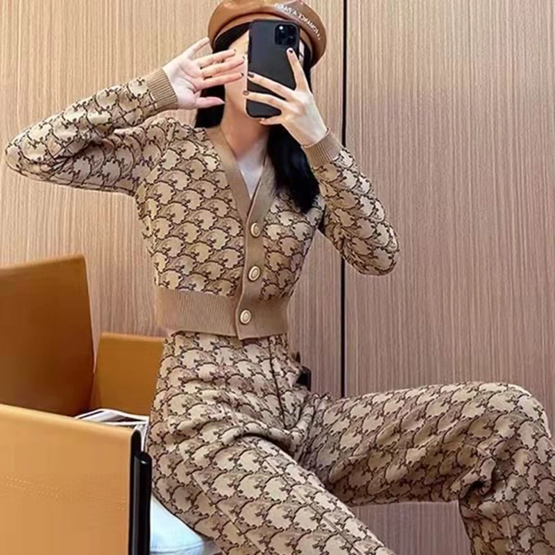 Fall Winter Vintage Print 2 Piece Sets Elegant Soft V-neck Sweater Cadigan Tops Conjunto Casual High Waist Wide Leg Pants Outfit