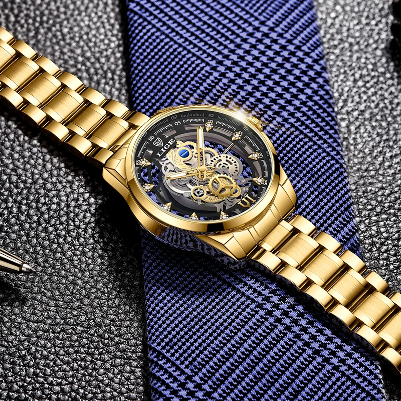 2026 LIGE Men Watch Skeleton Automatic Quartz Watch Gold Skeleton Vintage Man Watch Mens Watches Top Brand Luxury часы му