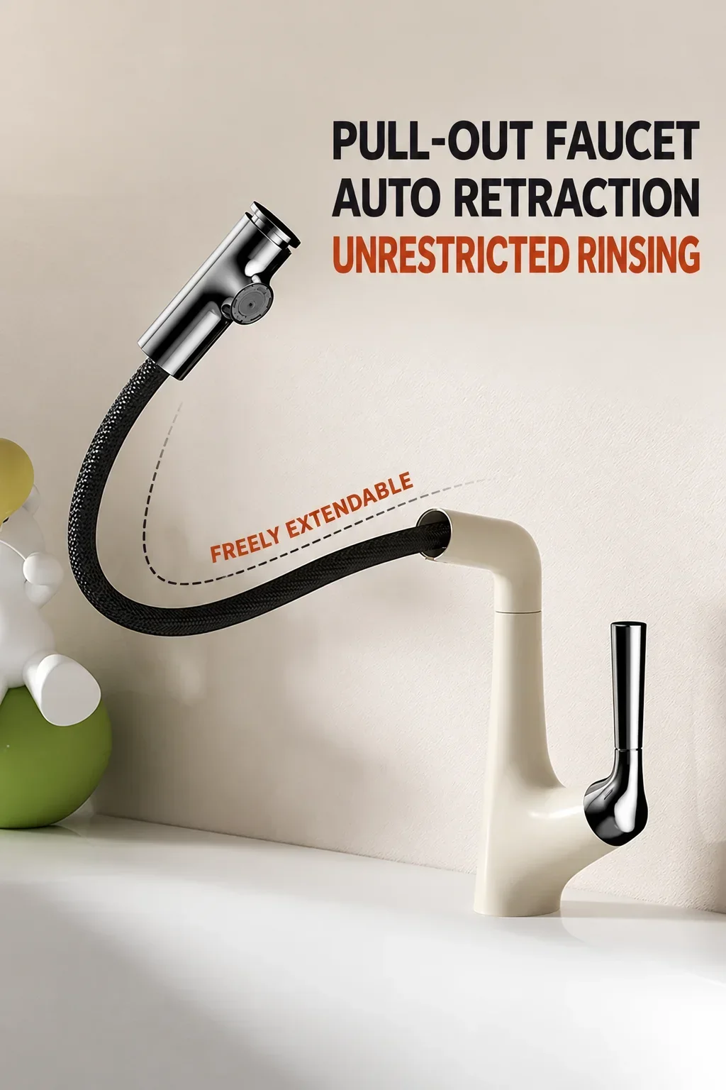 Cream White Pull Out Basin Faucet, Fingertip Rotary Upward Fountain, Hot Cold Bathroom Vanity Tap