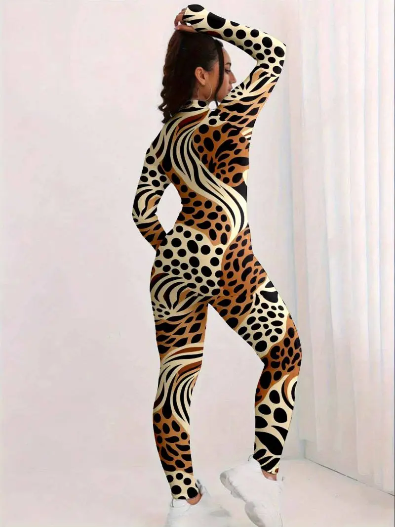 Leopard & Zebra Print Stand up Collar Long Sleeve Slim Fit Jumpsuit Fashionable Animal Print One-Piece Suit for Women