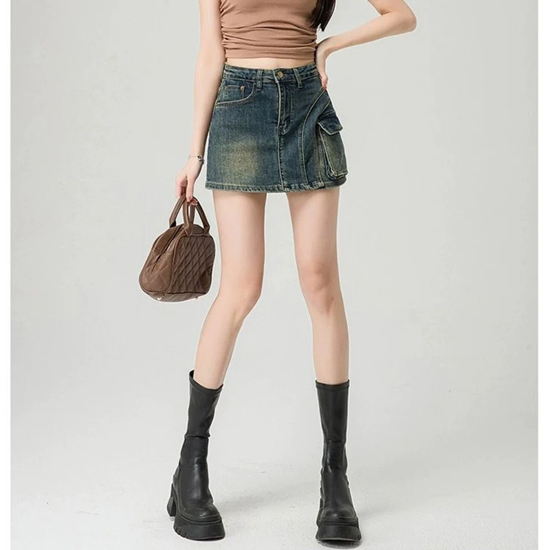 Summer Women Retro Blue High Waist Culottes Lady Thin Wrap Hip A-line Mini Jeans Skirts Girls Fashion Skinny Denim Dress