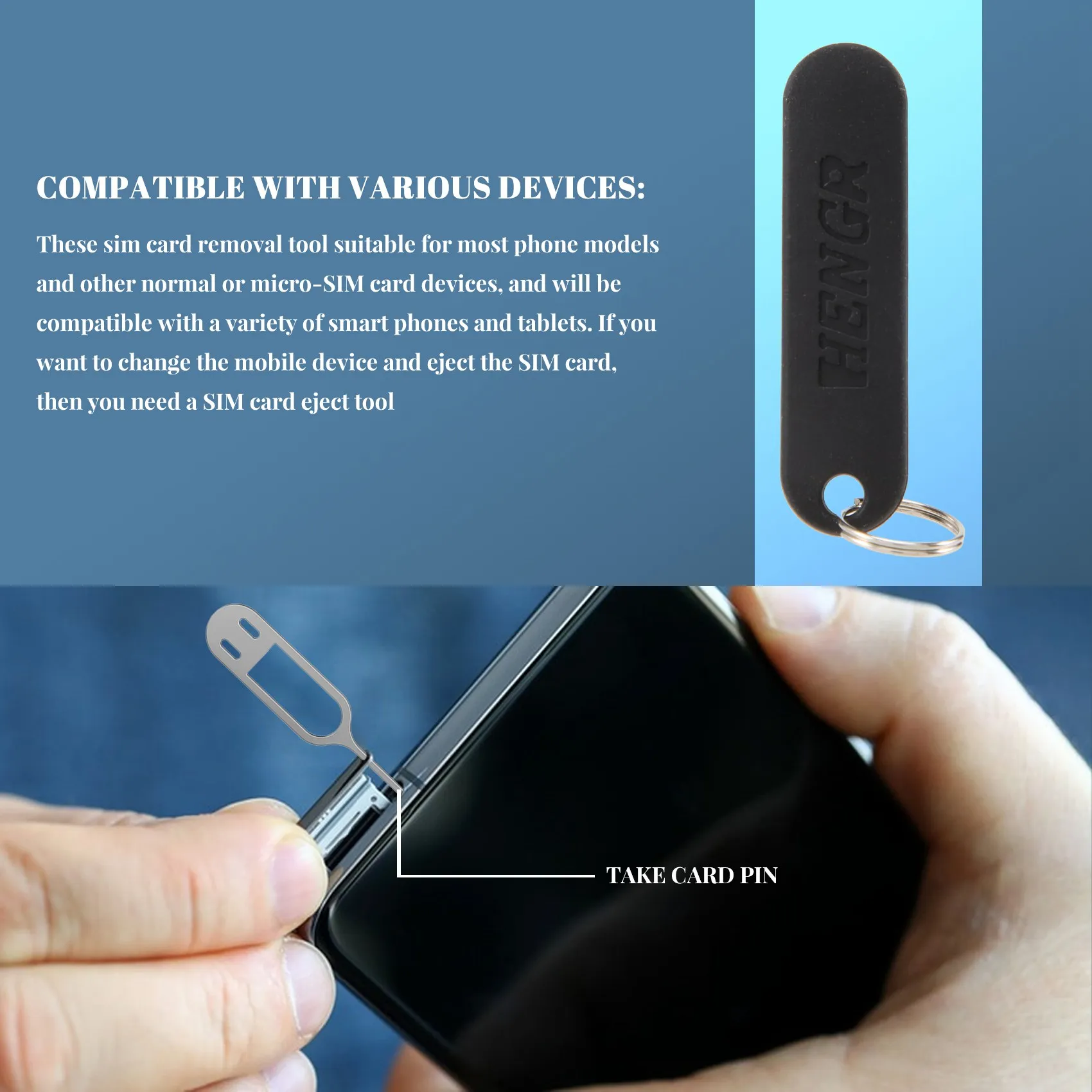 Sim card removal tool, pino da bandeja, abridor de agulha, com chaveiro removível, preto, 6 peças