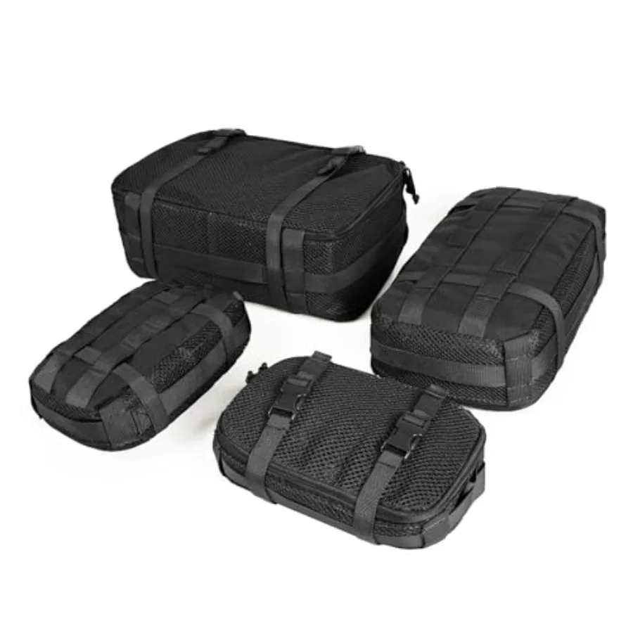 

4 Set Tactical Packing Cubes Compressible Mesh Duffle Storage Bag Portable Edc Molle Pouch Organizer in Black Red with Compress