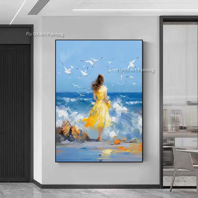 Beautiful Woman On The Beach Beautiful Girl Back View Oil Painting  Hand Painted Abstract Canvas Artwork Wall Decor For Room