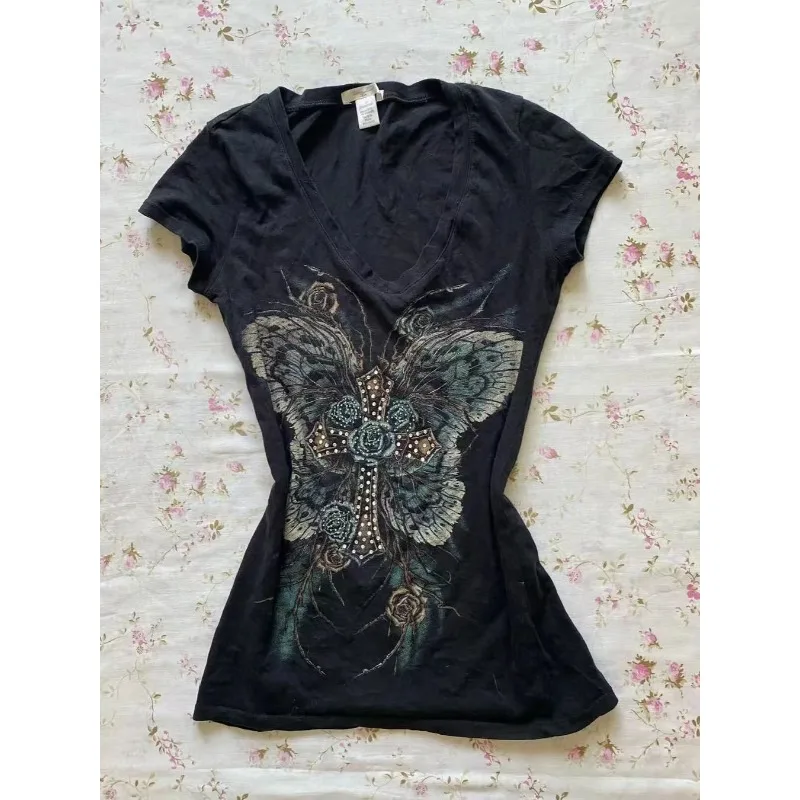 

Street retro hottie T-shirt American Y2K vintage Butterfly print aesthetic Tshirts Harajuku subculture Tee women slim punk tops