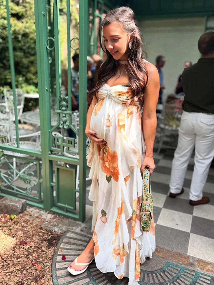Boho Floral Maternity Photoshoot Dress Beach Chiffon Maxi Gown Halter Pregnancy Outfit Summer Baby Shower Photography Boutique