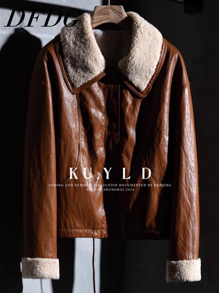 Damska kurtka zimowa w stylu vintage z futra królika, kołnierz z PU, frędzle, oversize, gruba, ciepła, modna, prosta odzież wierzchnia.