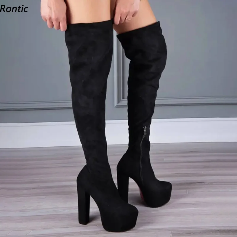 

Rontic New Women Winter Over The Knee Boots Faux Suede Side Zipper Chunky Heels Round Toe Elegant Black Party Shoes US Size 5-20