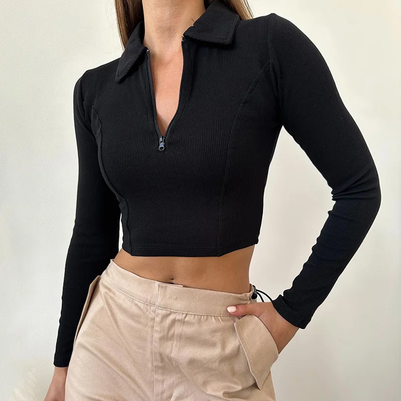 Women's T-shirt Autumn Winter New Black Long Sleeves Crop Top Casual Fashion Zippers T-shirt Female Turn-down Collar Sexy Tops