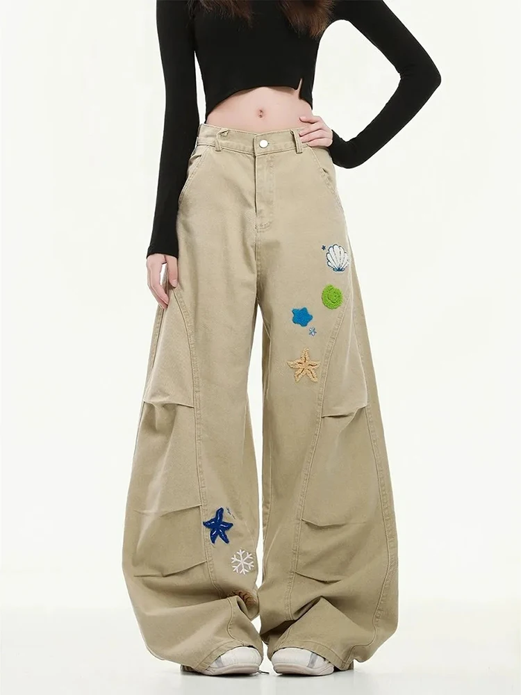 

Streetwear Embroidery Cargo Pants Women High Waist Casual Harajuku Wide Leg Trouser Pure Cotton Loose Folds Retro Scimitar Pants
