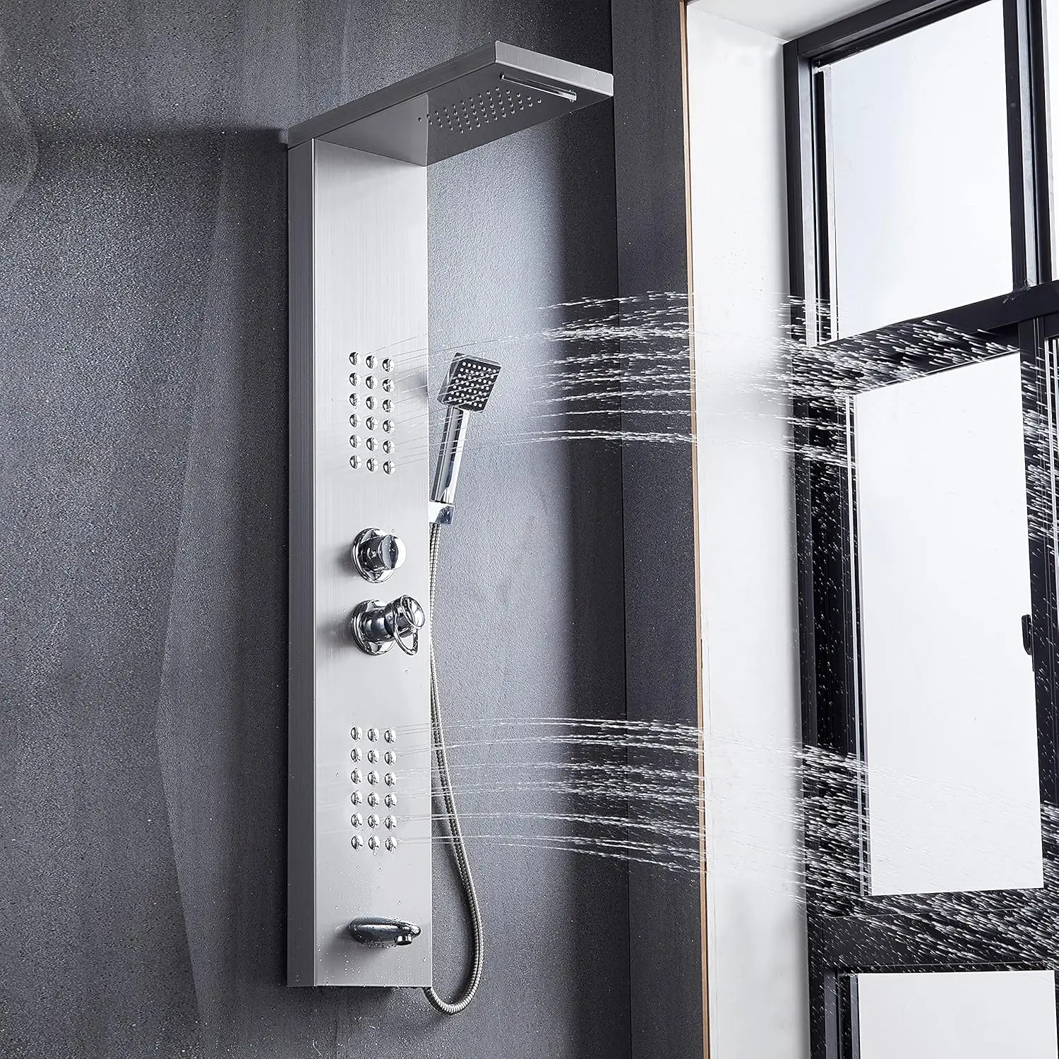 

Delavin Stainless Steel Shower Panel Tower System, Wall-Mount Complete Shower Panel with Rainfall Waterfall Shower Head