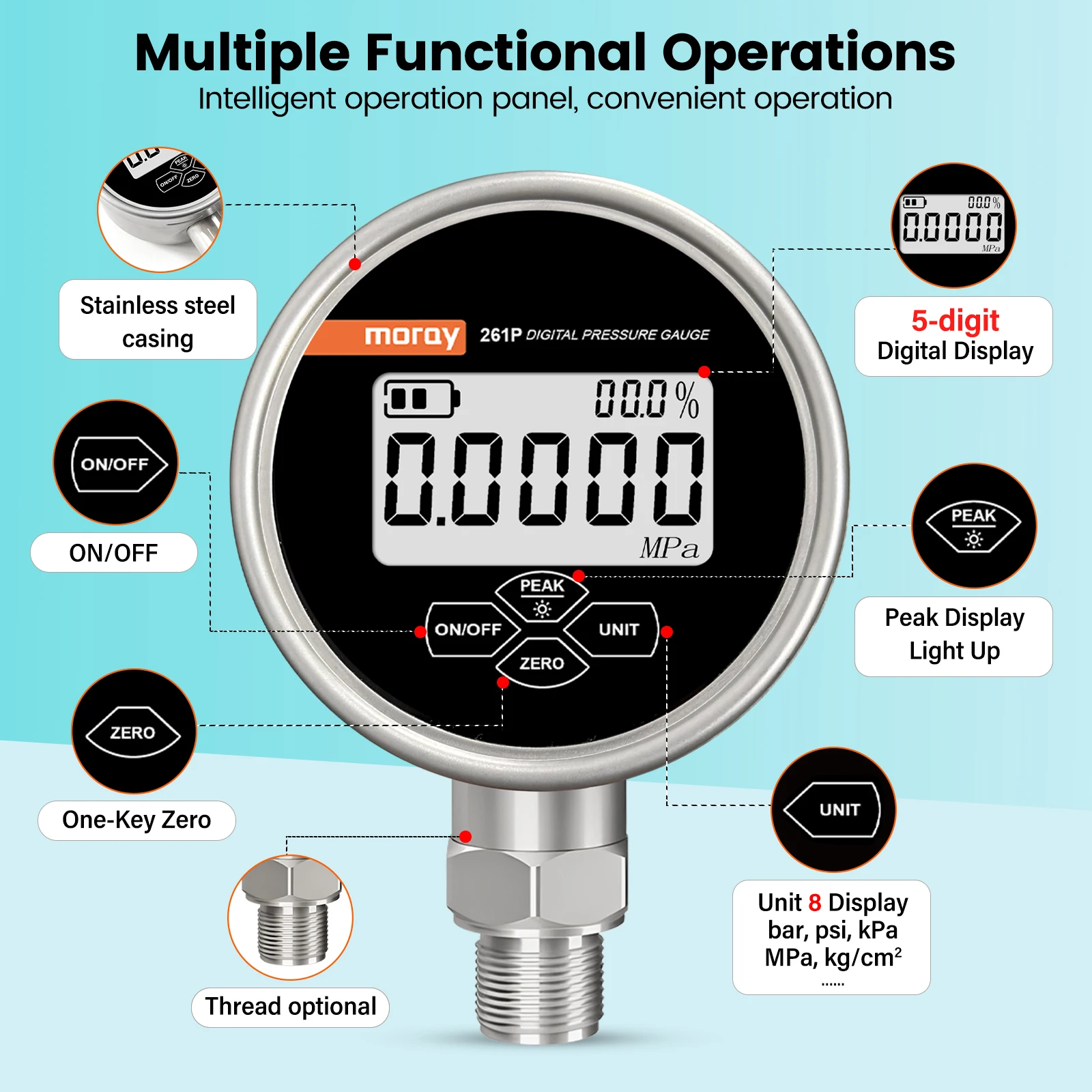 

Moray High-Precision Pressure Indicator 0.5% Full Scale LED Compatible with Liquid/Gas/Oil Vacuum Pressure Gauge 261P