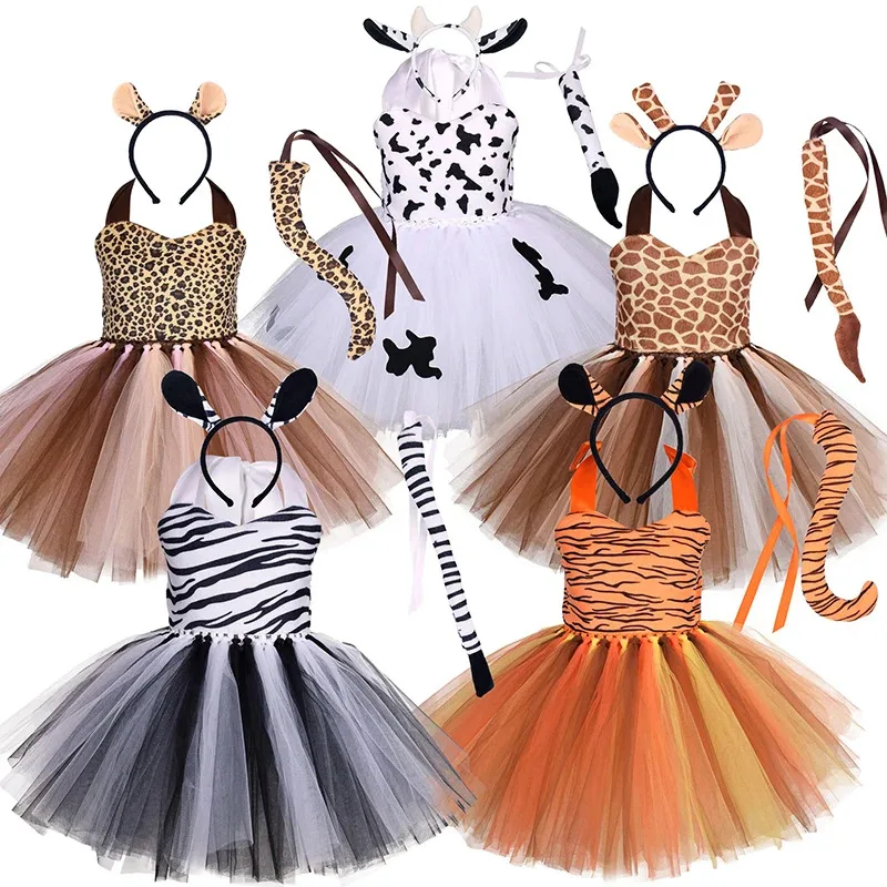 Kids Animal Cosplay Costume Baby Girl Forest Theme Giraffe Cow Tiger Leopard Zebra Print Tutu Dress Birthday Jungle Party Outfit