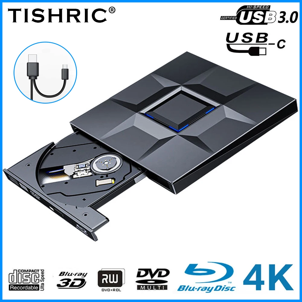 TISHRIC 외부 광학 드라이브 블루레이 버너, USB 3.0 TYPE-C 케이블, 4K DVD 플레이어, 3D 블루레이 DVD 버너 드라이브, Windows 및 IOS용 