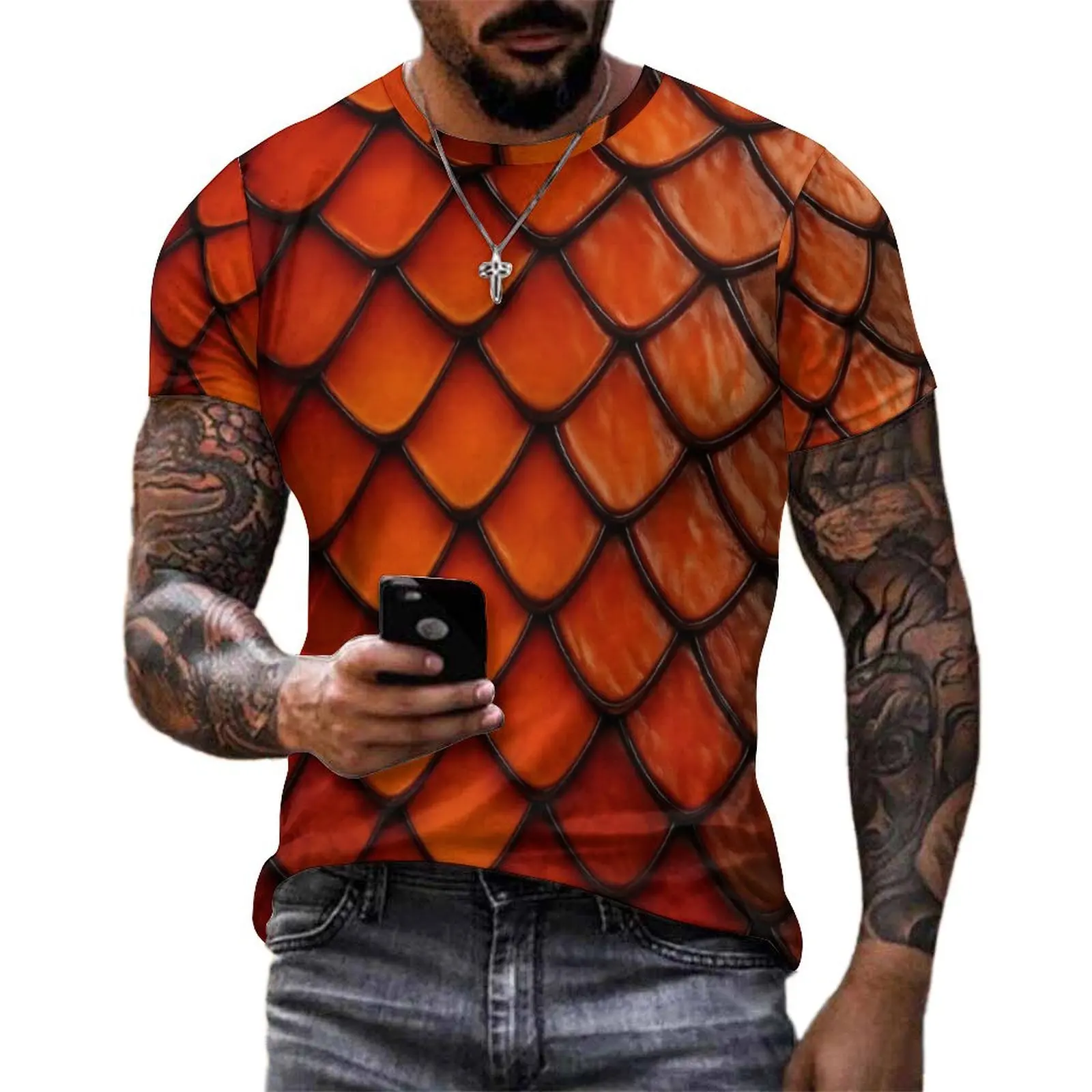 Beach T-Shirt Orange Dragon Scale Print T-Shirts  Aesthetic Popular Tee Shirt For Man Short Sleeve Printed Oversized Clothing