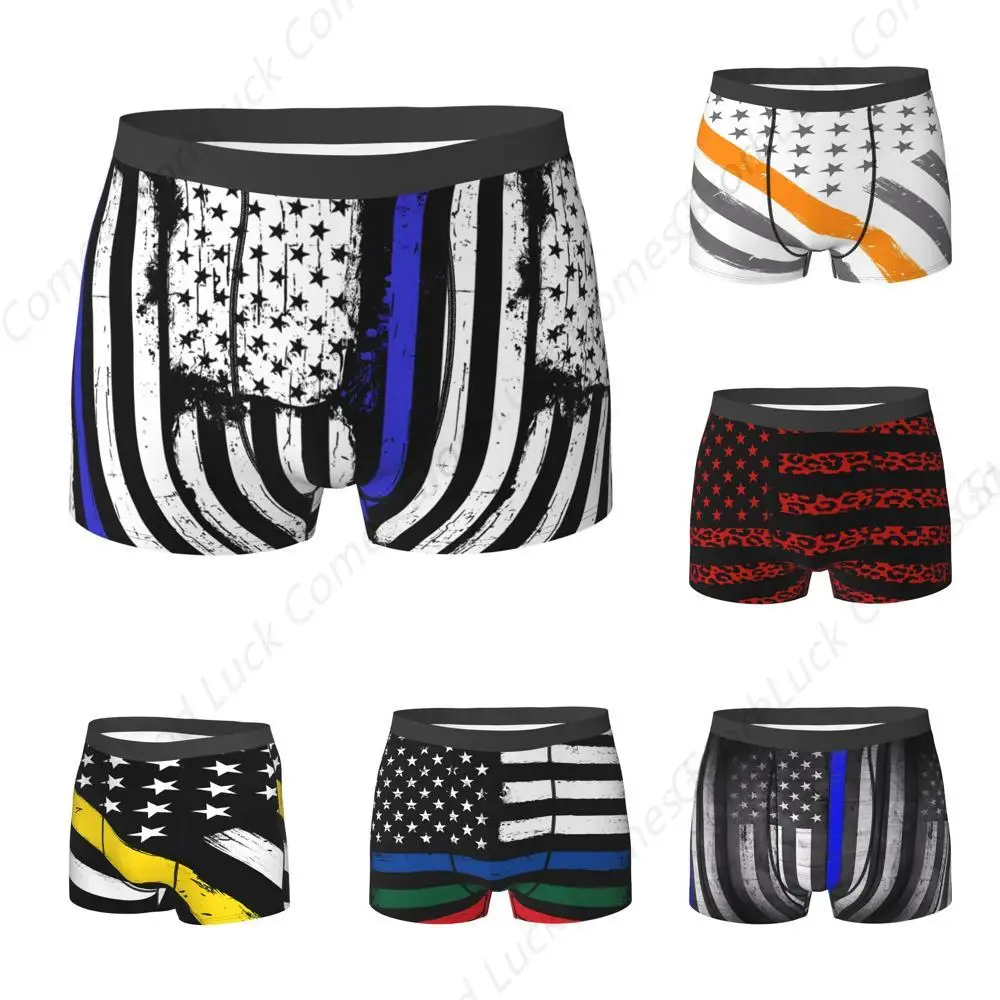 Calzoncillos Boxer finos de línea azul con bandera americana para hombre, ropa interior transpirable para hombre, calzoncillos Boxer elásticos, bañadores deportivos cómodos para él y niño