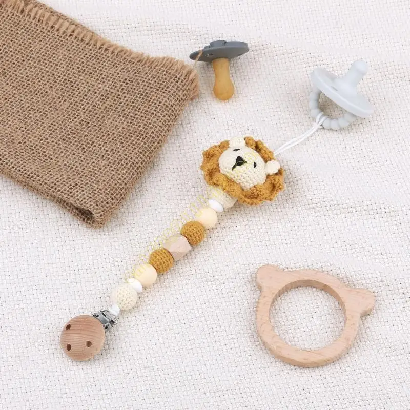 

Baby Pacifier Clip Crochet Lion Dummy Chain Anti-drop Rattle Holder Teething Pendant Soother Clip Toy Clothing Accessory DXAD