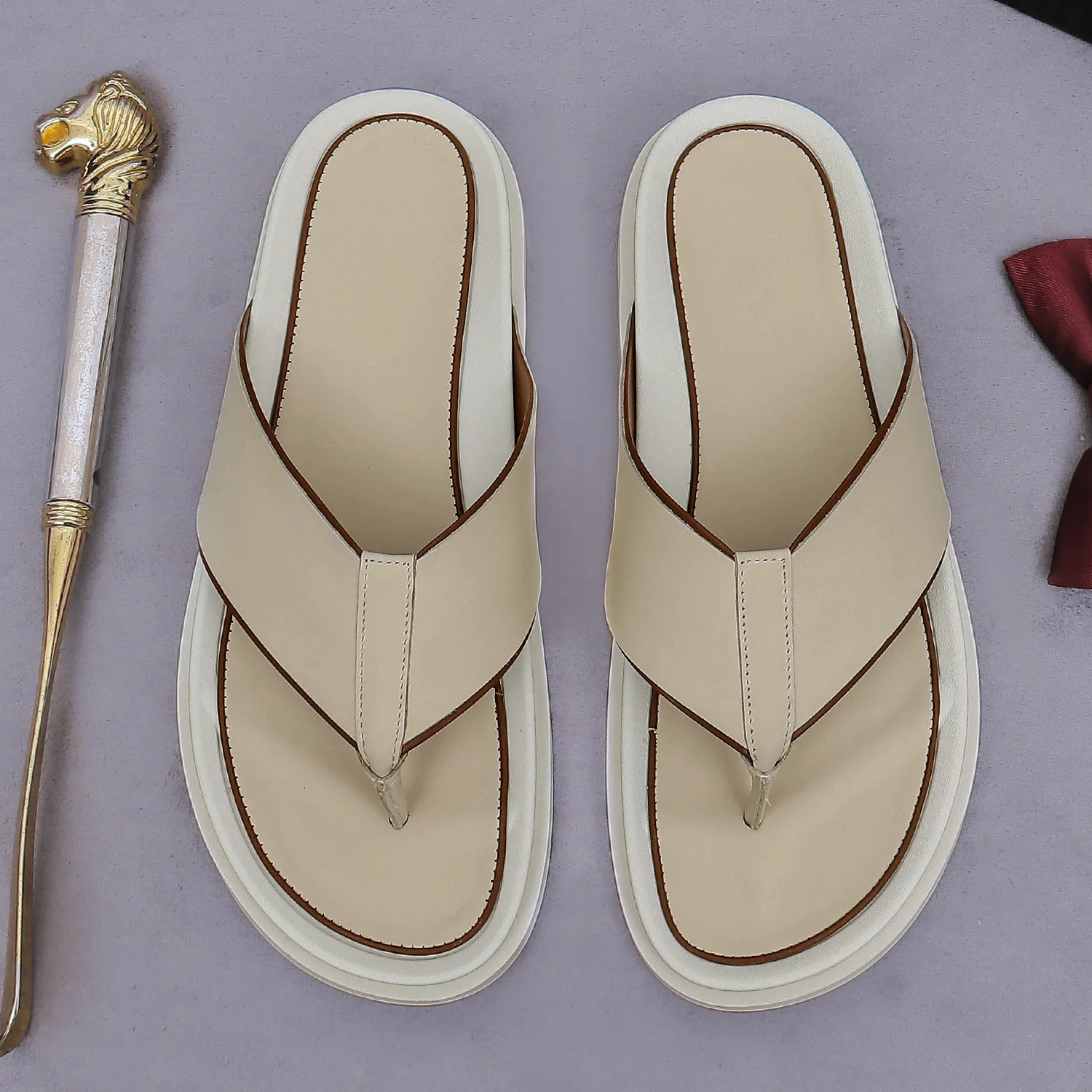 

Luxury Herringbone Men's Flip-Flops Cowhide Sandals Trendy Casual Genuine Leather Beach Slippers for Summer
