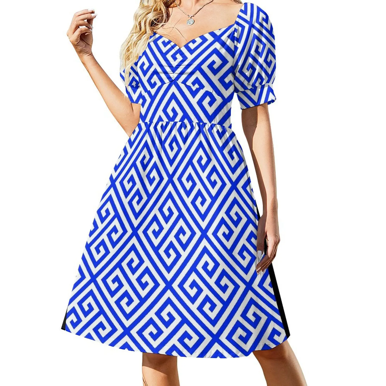 

blue white pattern, Greek Key pattern - Greek fret design Short Sleeved Dress womens clothing birthday dresses for women Dress