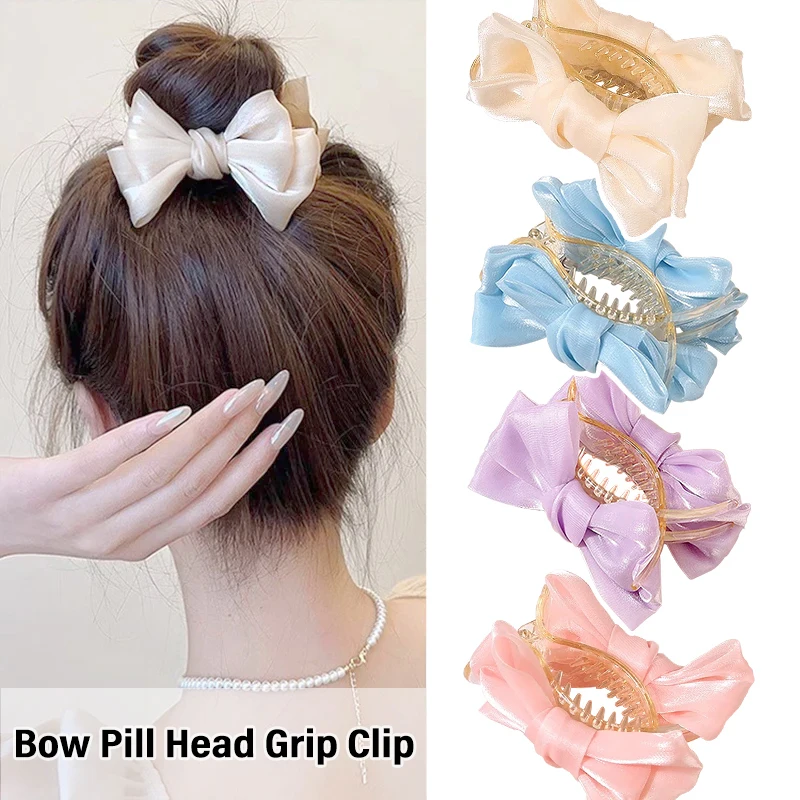 

New Elegant Bow Pill Head Grip Clip Korean Temperament Hair Clip Female Ponytail Braid Clip Fashion Headdress For Women Girls