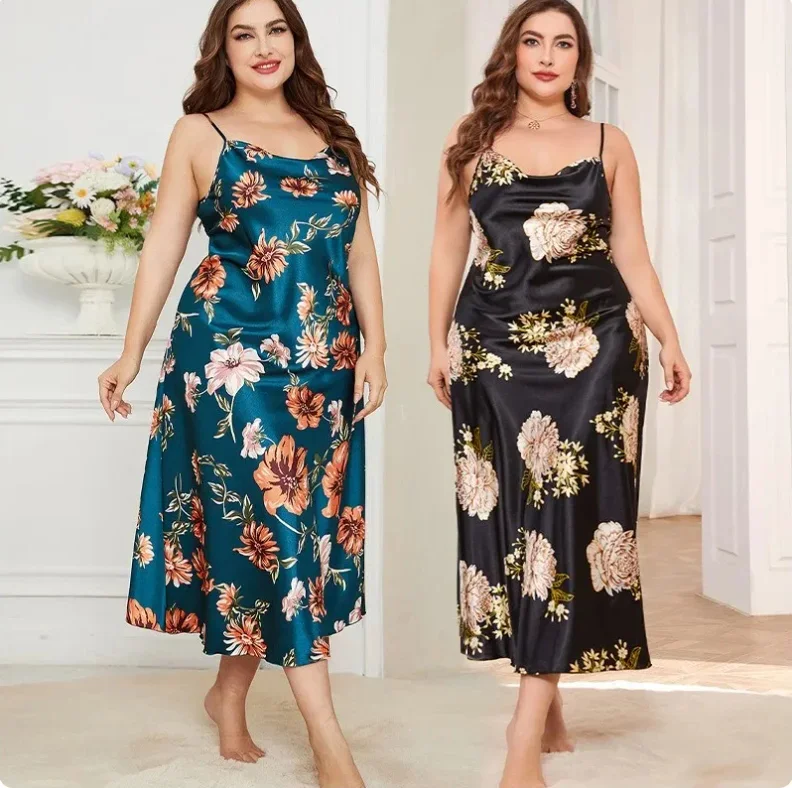 XL-5XL duży rozmiar seksowna koszula nocna z szelkami bielizna nocna bielizna letnia damska koszula nocna luźna jedwabiście satynowa szlafrok Loungewear