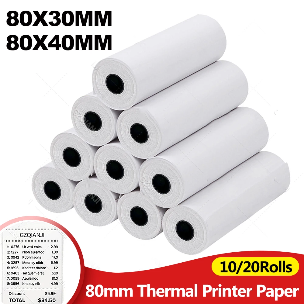 80mm*30mm 80*40mm Thermal Receipt Paper Roll BPA Free for POS 3inch Printer Bill Ticket Maker 10/20 Rolls