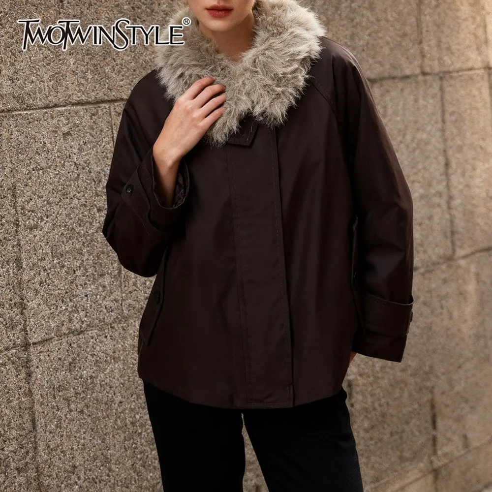 

TWOTWINSTYLE Elegant Vintage Warm Coat for Women Stand Collar Patchwork Fur Long Sleeve Coffee Color Temperament Jacket Female