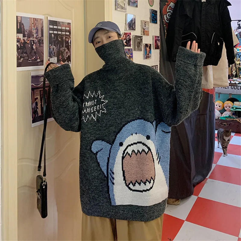 2022 Winter Men Turtlenecks Shark Sweater Men Patchwor Harajuku Korean Style High Neck Oversized Grey Turtleneck Pullover Men