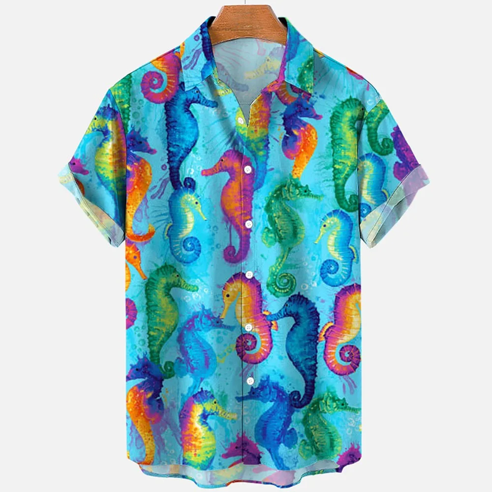 Camisas hawaianas holgadas 3d para hombre, pantalón corto informal, Tops de manga, animales marinos, caballito de mar, pescado, verano 2022