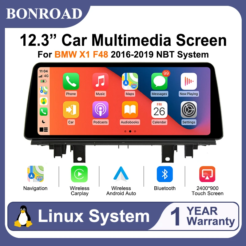 Lecteur multimédia automobile sans fil BONROAD 12,3 pouces 2400*900P basé sur Linux pour BMW X1 F48 2016-2017 avec système NBT, prenant en charge Android Auto, les cartes de navigation, le Bluetooth et préservant les fonctions d'origine du véhicule.