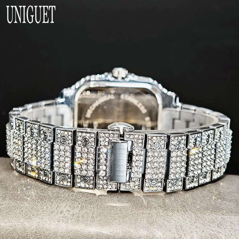UNIGUET Hot Sale Luxury Iced Watch for Man Fashion Square Watches Men Hip Hop Diamond Bling Jewelry Wristwatch Reloj Hombre