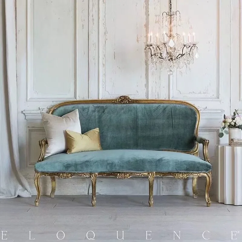 American retro old solid wood carving flower sofa/French fabric sofa/hotel studio photography single sofa