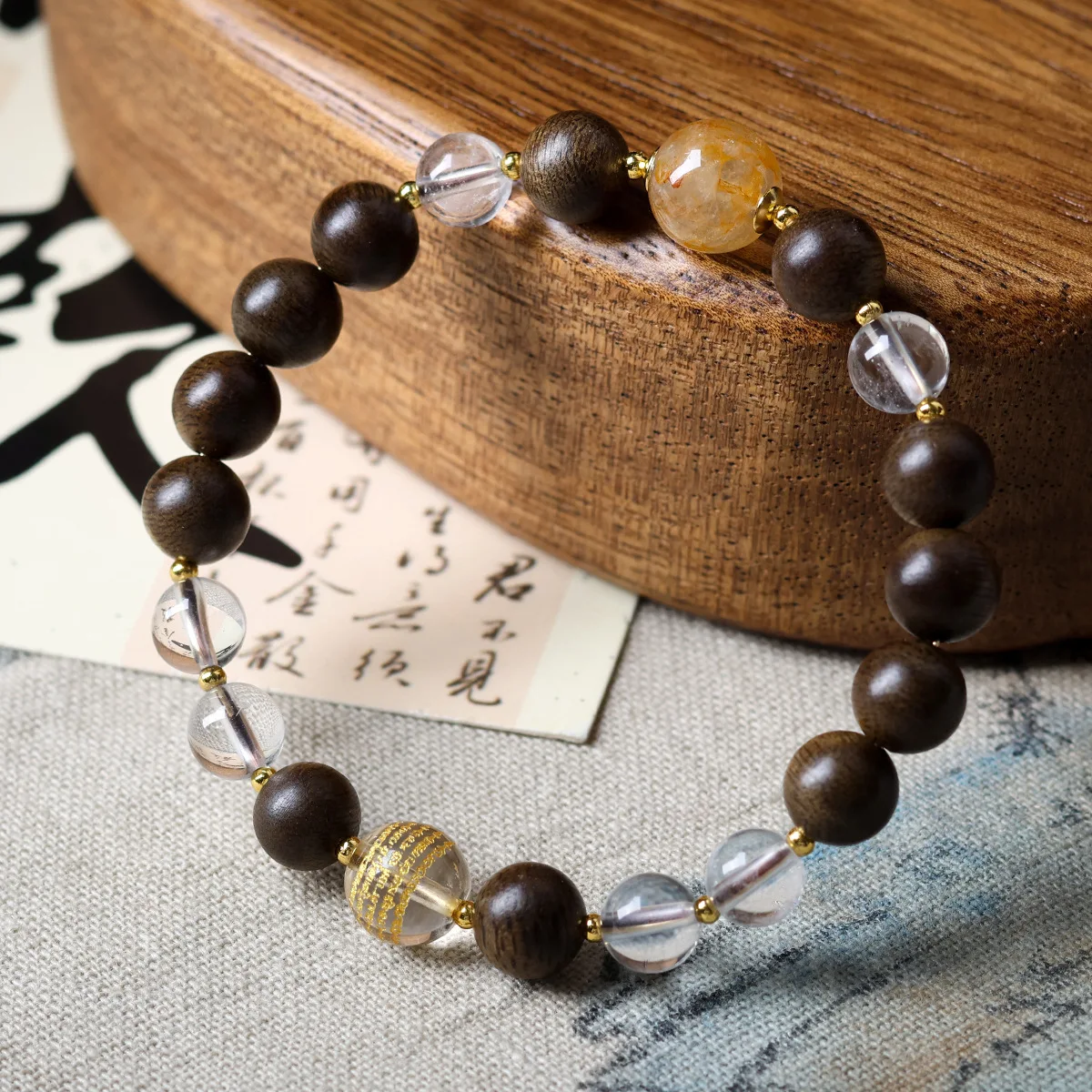 Green Agarwood Bracelet with Natural White Crystal Heart Sutra Guangta Crystal New Chinese Style Jewelry for Women Gifts