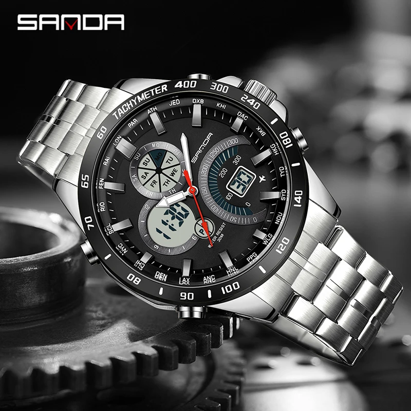 SANDA 3175 модные мужские цифровые кварцевые часы с двойным экраном, черные технологии, многофункциональные водонепроницаемые мужские электронные наручные часы