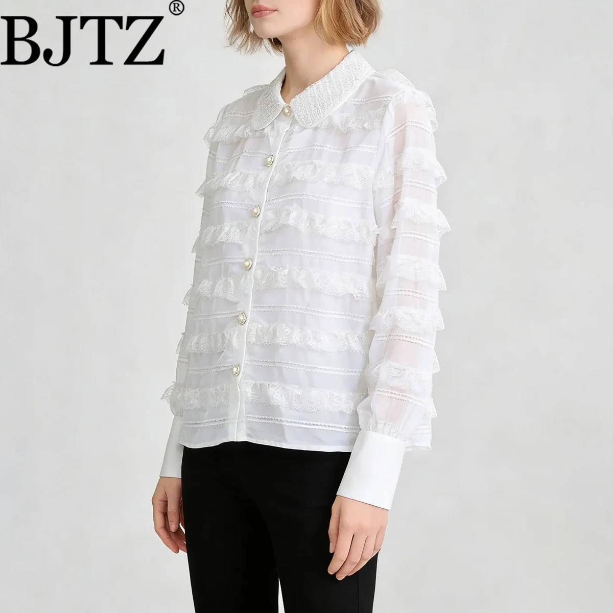 

BJTZ 2026 Spring Autumn Women’s Solid Patchwork Shirt Lace Trim Lapel Collar Long Sleeve Casual Button Blouse Office Chic New
