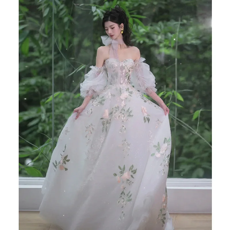 

French Off Shoulder Evening Dress Elegant Flower Embroidered White Wedding Dresses Classic Tulle Long Backless Prom Gown