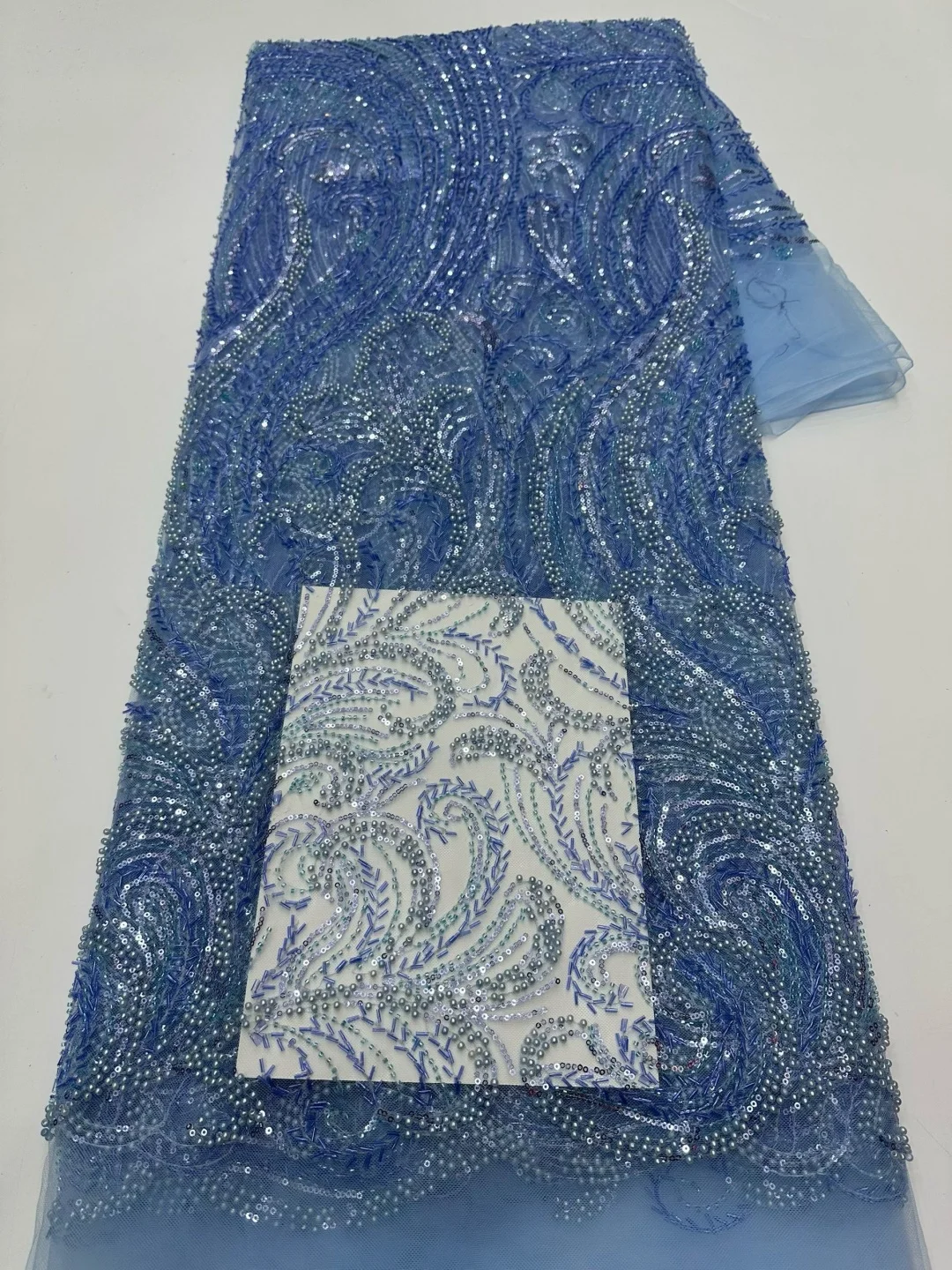 Sequin Lace, Elegant Paisley Swirl Pattern, Sparkling Silver-Blue Details, Lightweight Sheer Fabric for Bridal Gowns, Prom Dress